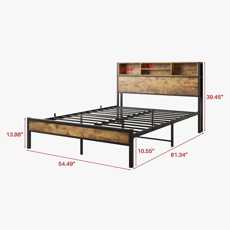 Black Metal Platform Bed with Storage & Charging Station