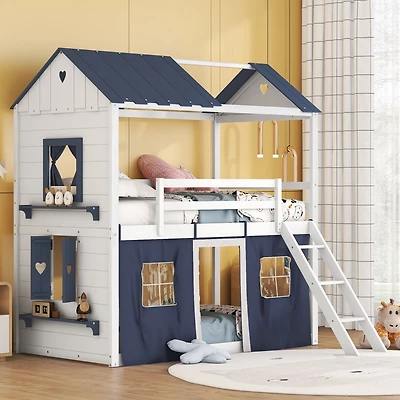 Streamdale Twin Size Bunk Wood House Bed With Elegant Windows, Sills And Tent
