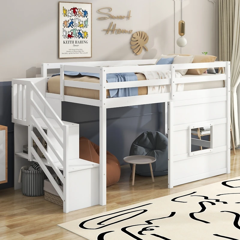 Simplie Fun Twin Size Loft Bed With Storage Staircase And Window, Gray
