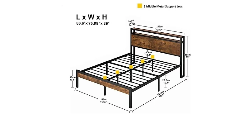 King Size Metal Bed Frame with Headboard & Usb