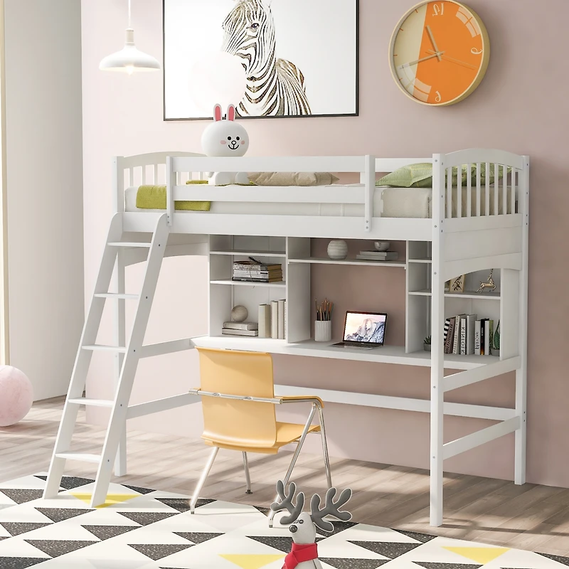 Streamdale Twin Size Loft Bed With Storage Shelves, Desk And Ladder