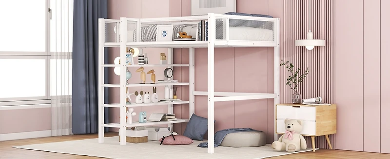 Streamdale Twin Size Metal Loft Bed With 4Tier Shelves And Storage, White
