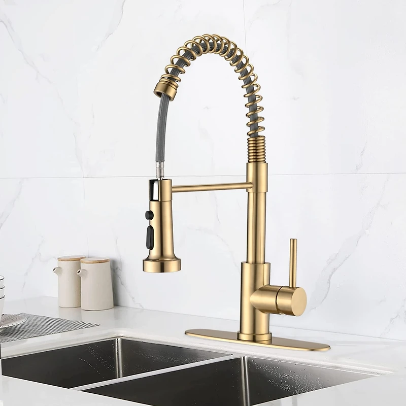 Streamdale Furniture Pull Down Sprayer Spring Kitchen Sink Faucet Brushed Gold