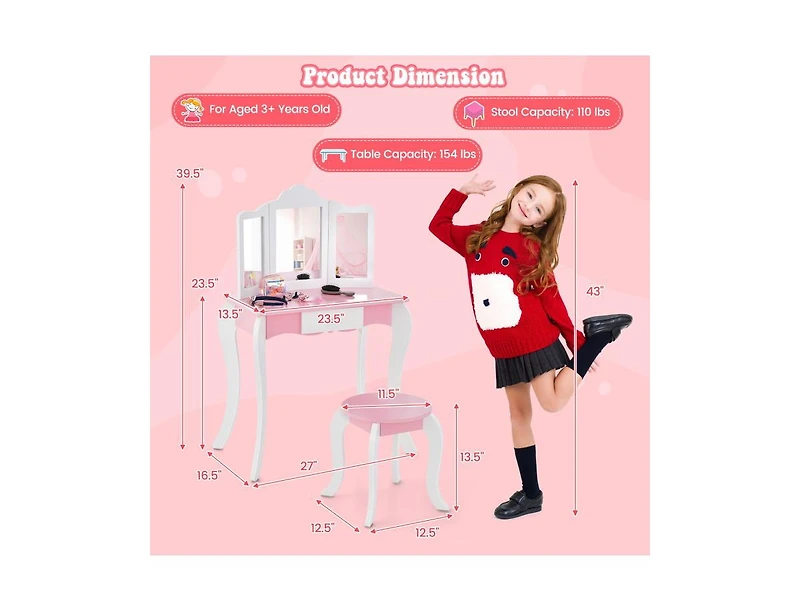 Slickblue Kid's Wooden Vanity Table and Stool Set with 3-Panel Acrylic Mirror-White