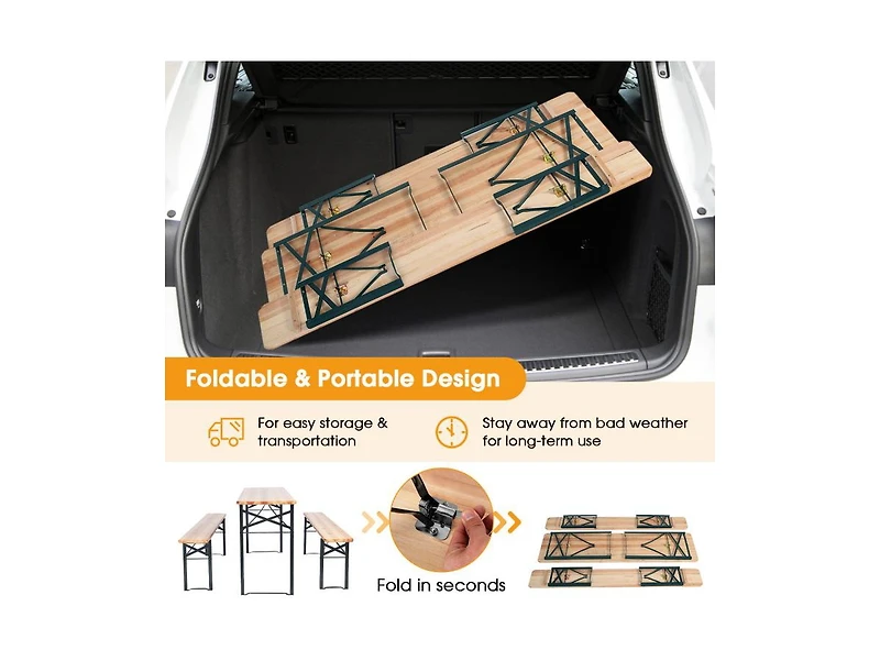 Slickblue 3 Pieces Folding Wooden Picnic Table Bench Set