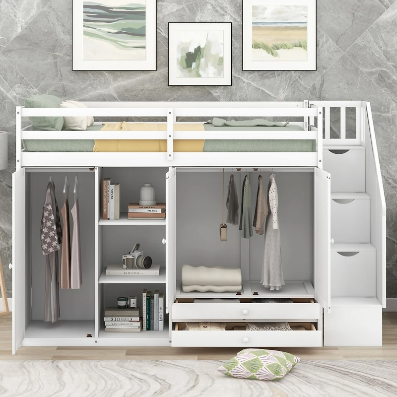 Streamdale 3-Shelf Loft Bed with Storage Units and Ladder
