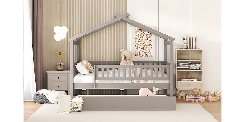 Streamdale Full Size Wooden House Bed With Twin Size Trundle
