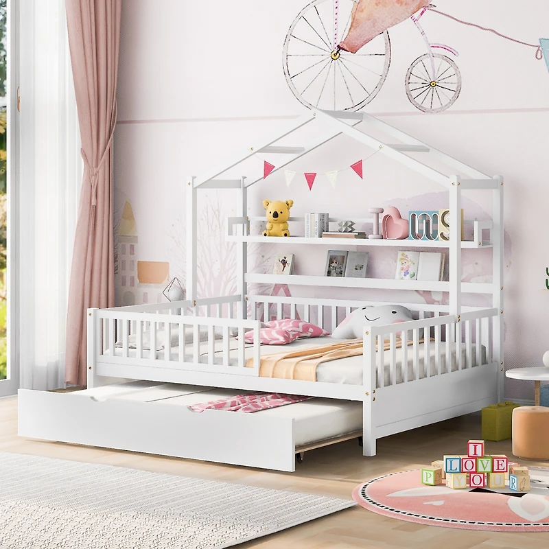 Streamdale Twin-Size Trundle Kids Bed with Shelf, White