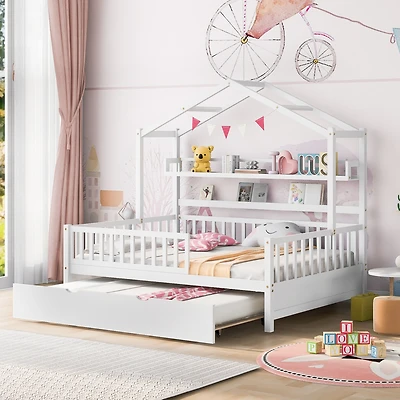 Streamdale Twin-Size Trundle Kids Bed with Shelf, White