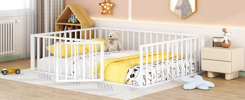 Streamdale Queen Metal Floor Bed Frame With Fence And Door