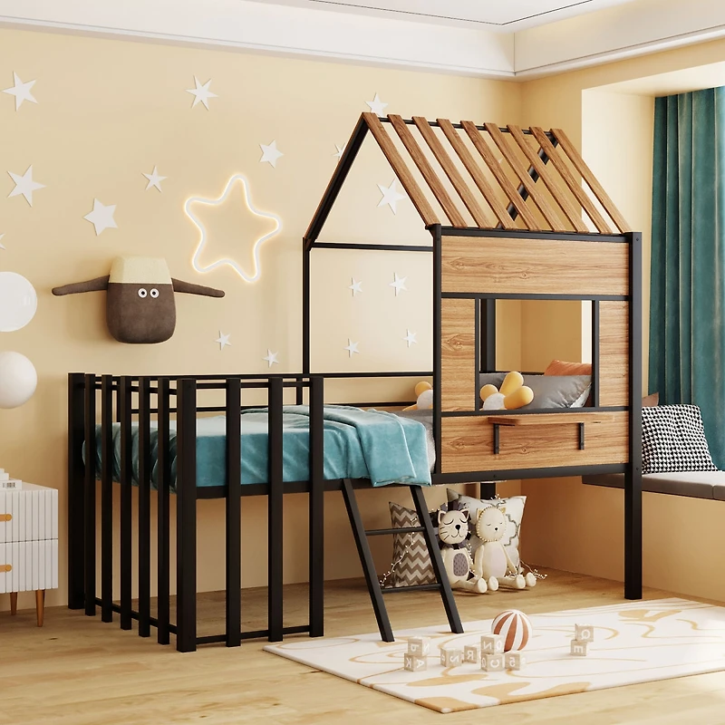 Streamdale Metal Twin Loft Bed With Roof, Window, Guardrail, Ladder