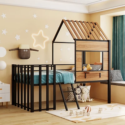Streamdale Metal Twin Loft Bed With Roof, Window, Guardrail, Ladder