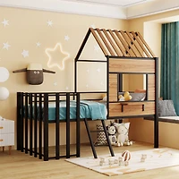 Streamdale Metal Twin Loft Bed With Roof, Window, Guardrail, Ladder