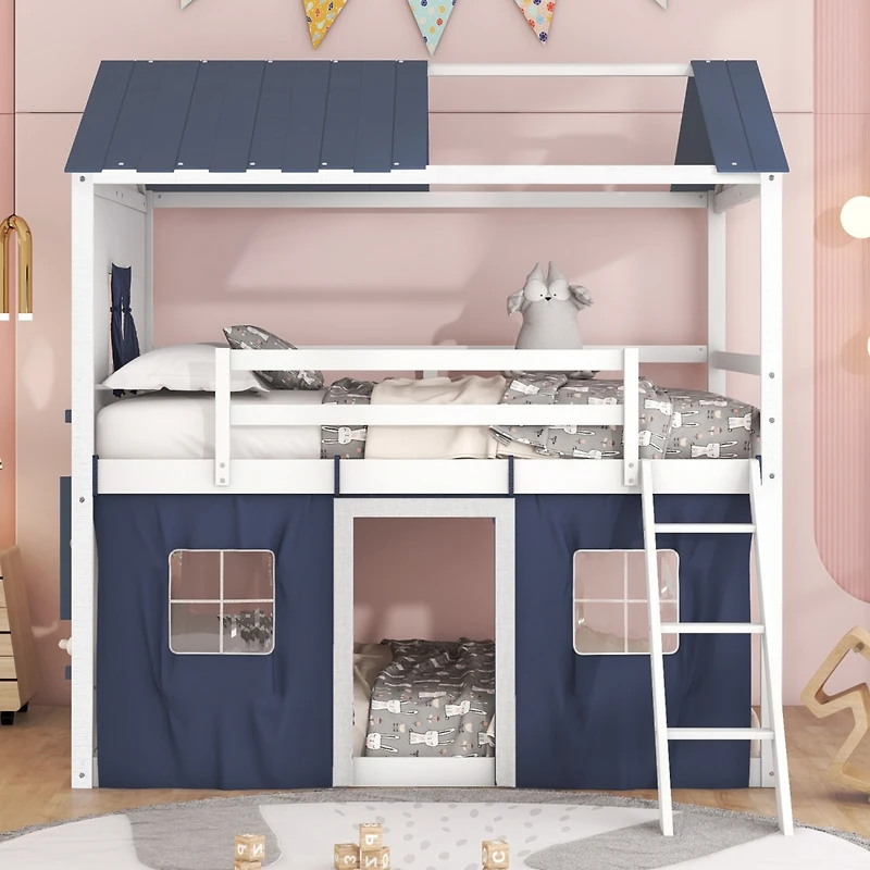 Streamdale Full Bunk Wood House Bed With Elegant Windows, Sills And Tent