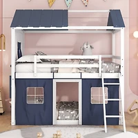 Streamdale Full Bunk Wood House Bed With Elegant Windows, Sills And Tent