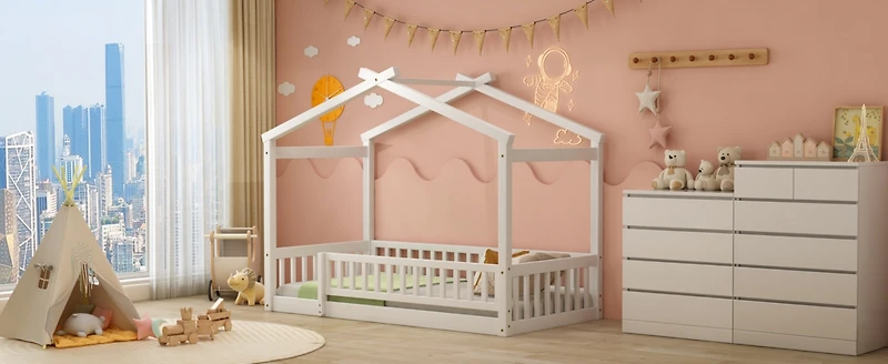 Streamdale Walnut Fence Bed House Frame for Kids and Teens