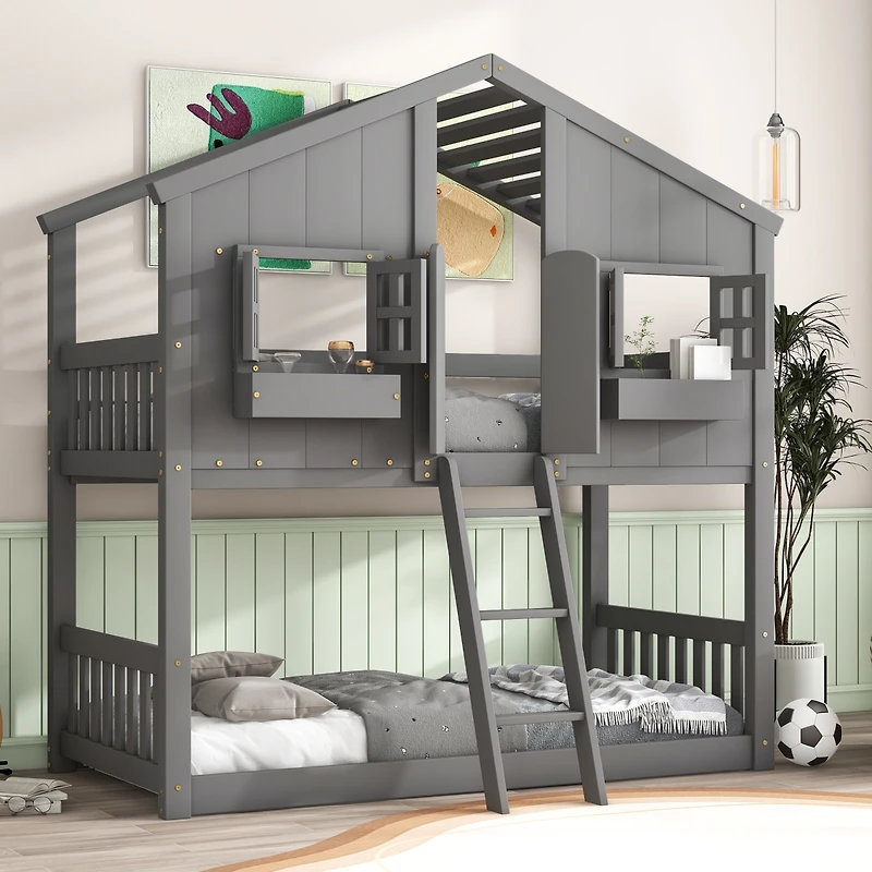 Streamdale Twin Bunk House Bed with Roof and Safety Rails