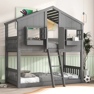 Streamdale Twin Bunk House Bed with Roof and Safety Rails