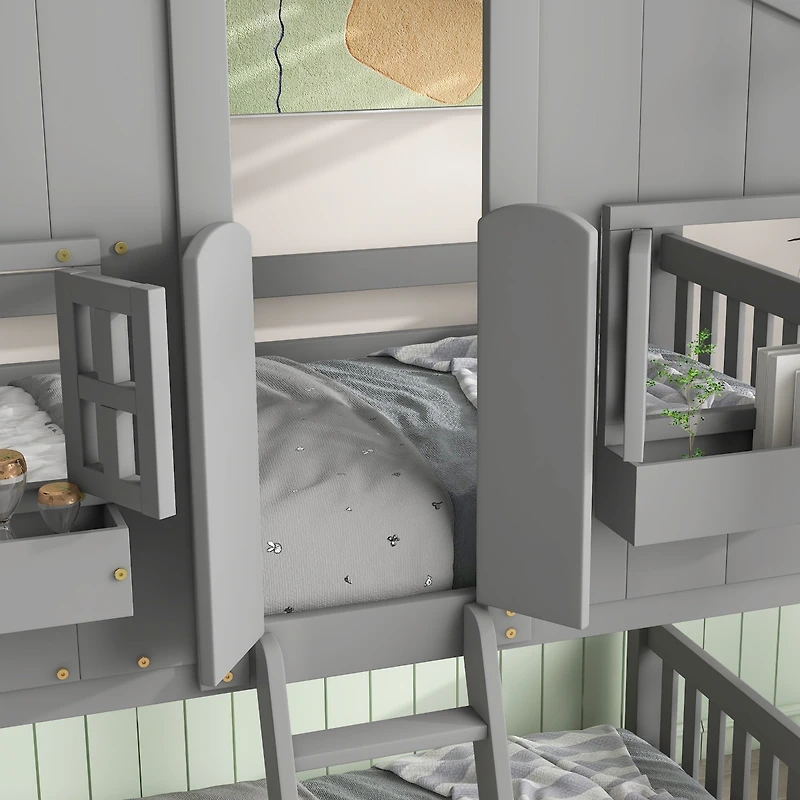 Streamdale Twin Bunk House Bed with Roof and Safety Rails