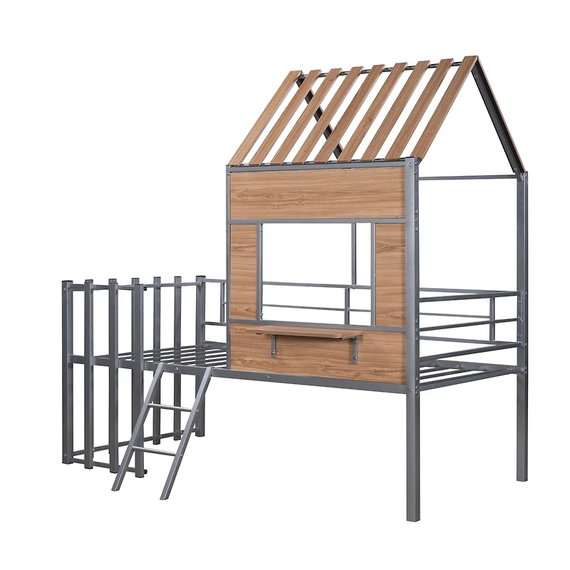 Streamdale Metal Twin Loft Bed With Roof, Window, Guardrail, Ladder