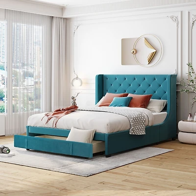 Streamdale Velvet Wingback Storage Platform Bed with Drawer