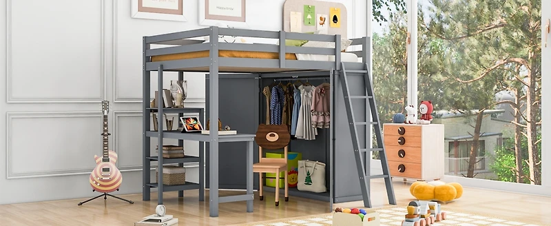 Streamdale Full Size Loft Bed With Wardrobe And Desk And Shelves, White