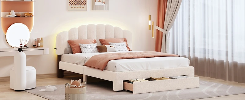 Streamdale Teddy Fleece Queen Upholstered Platform Bed With Drawer, White