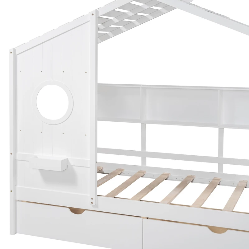 Streamdale Wooden Twin Size House Bed With 2 Drawers, Kids Bed With Storage Shelf