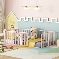 Streamdale Twin Metal Floor Bed Frame with Fence and Door, White