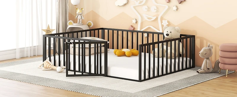 Queen Size Metal Floor Bed Frame With Fence And Door