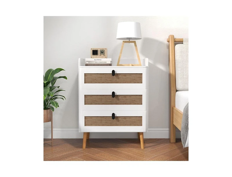 Slickblue Modern End Table with 3 Rattan Decorated Drawers-White