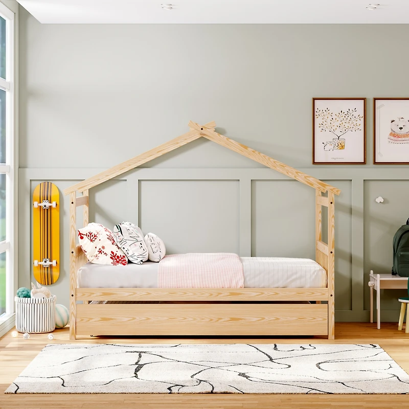 Streamdale Twin Size Wooden House Bed With Twin Size Trundle, Natural