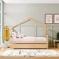 Streamdale Twin Size Wooden House Bed With Twin Size Trundle, Natural