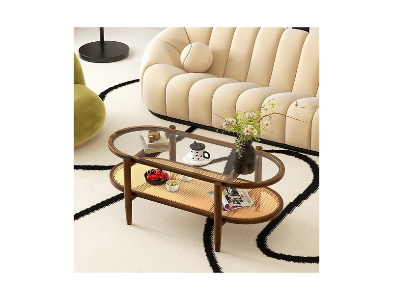 2-Tier Coffee Table with Tempered Glass Tabletop and Acacia Wood Frame