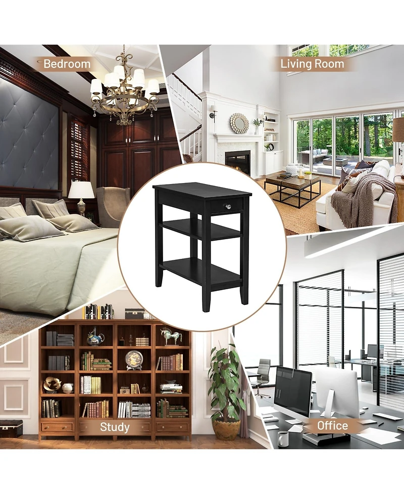 Side Table with Drawer and 2 Open Shelves, Compact End for Small Spaces