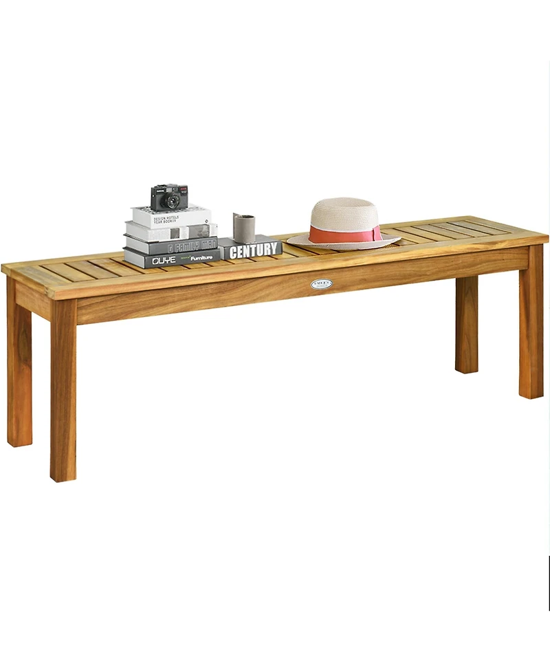 Gymax Set of 2 Acacia Wood Bench Dining Bench Patio Garden w/ Slatted Seat Indonesia Teak