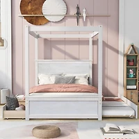 Streamdale Full Size Wood Canopy Bed with Trundle and Drawers