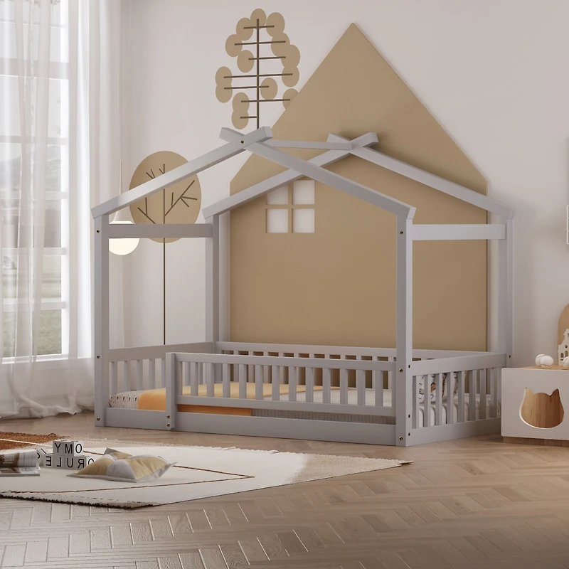 Streamdale Walnut Fence Bed House Frame for Kids and Teens