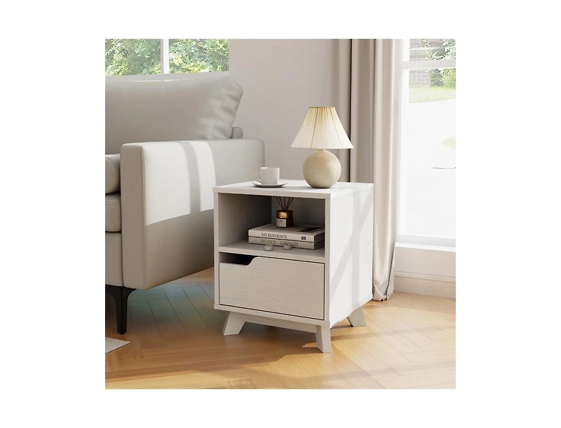 Slickblue Mid Century Modern Bedside Table with Storage Drawer and Open Shelf-White