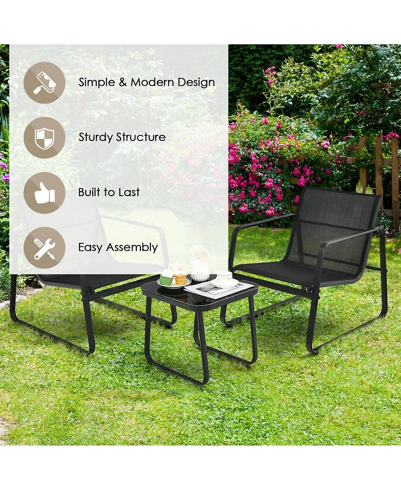 Slickblue 3 Pieces Patio Bistro Furniture Set with Glass Top Table Garden Deck-Black
