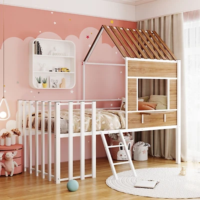 Streamdale Metal Twin Loft Bed With Roof, Window, Guardrail, Ladder