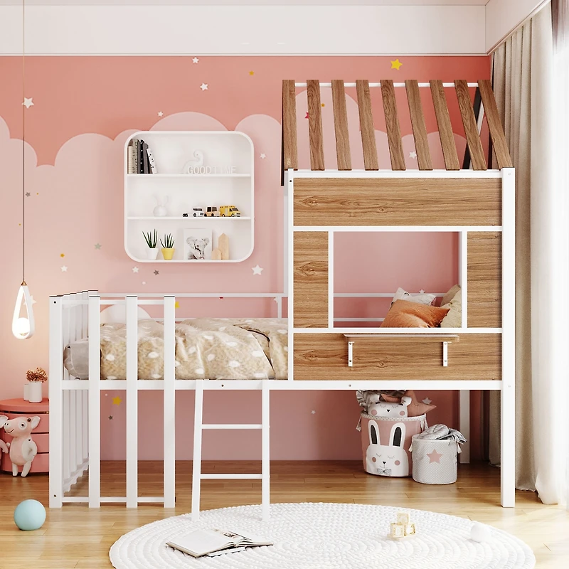 Streamdale Metal Twin Loft Bed With Roof, Window, Guardrail, Ladder