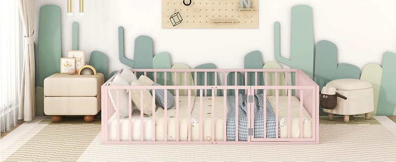 Streamdale Queen Metal Floor Bed Frame With Fence And Door