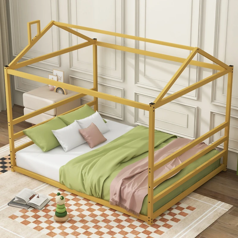 Streamdale Metal House Shape Platform Bed, Gold, Queen