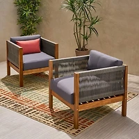 Streamdale Furniture Modern Rattan and Acacia Wood Club Chair Set with Water-Resistant Cushions