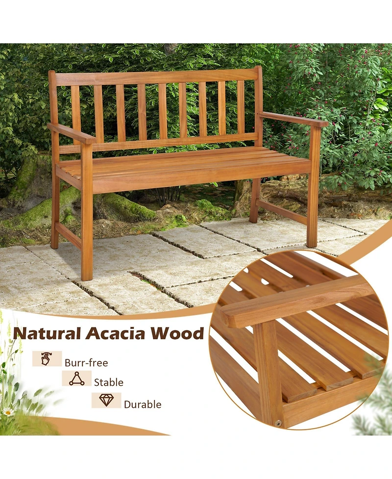 Slickblue 2-Person Patio Acacia Wood Bench with Backrest and Armrests
