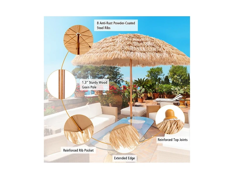 8 Feet Patio Thatched Tiki Umbrella Hawaiian Hula Beach Umbrella