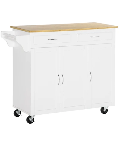 Homcom Rolling Kitchen Island Cart with Large Bamboo Countertop and 2 Drawers