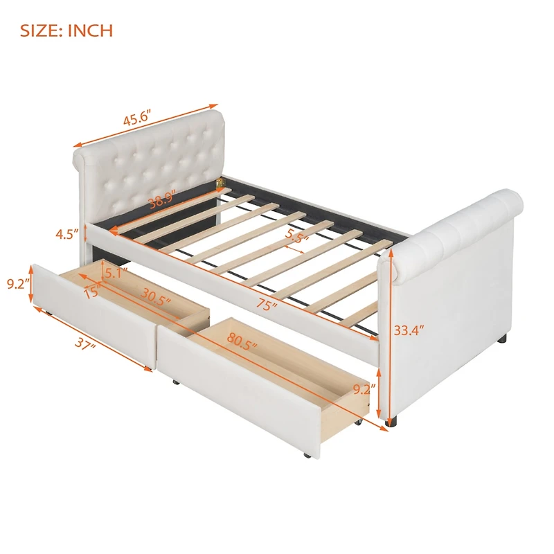 Streamdale Twin Size Upholstered Daybed With Drawers, Wood Slat Support