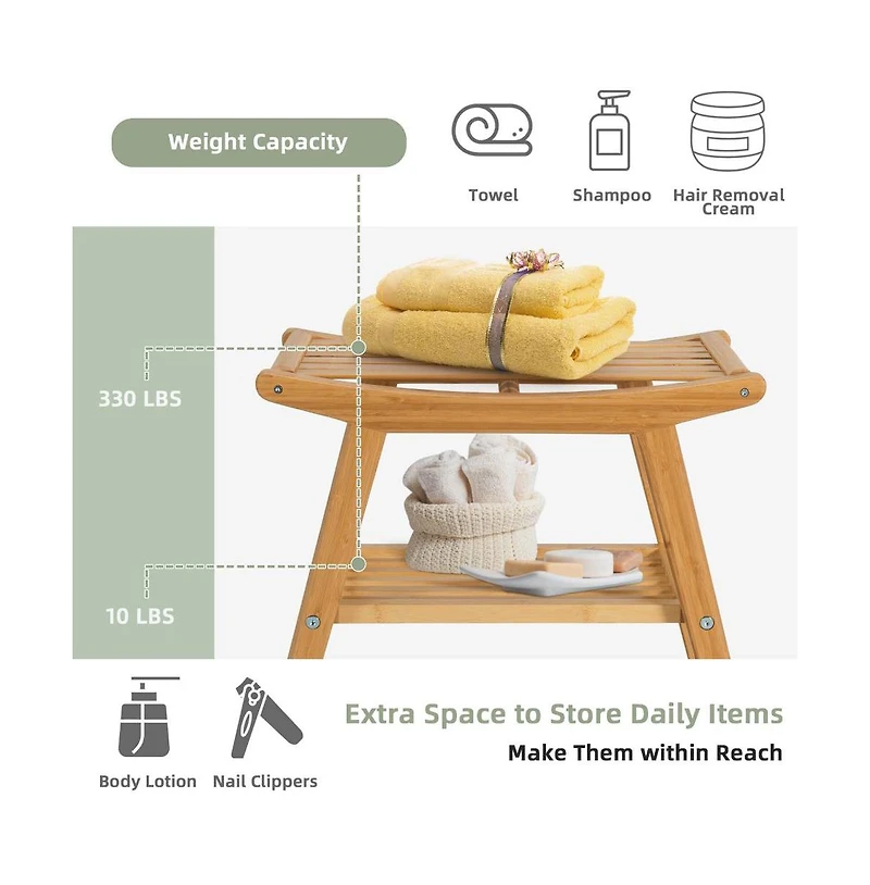 Slickblue Wicker Shower Seat Bench with Underneath Storage Shelf-Natural